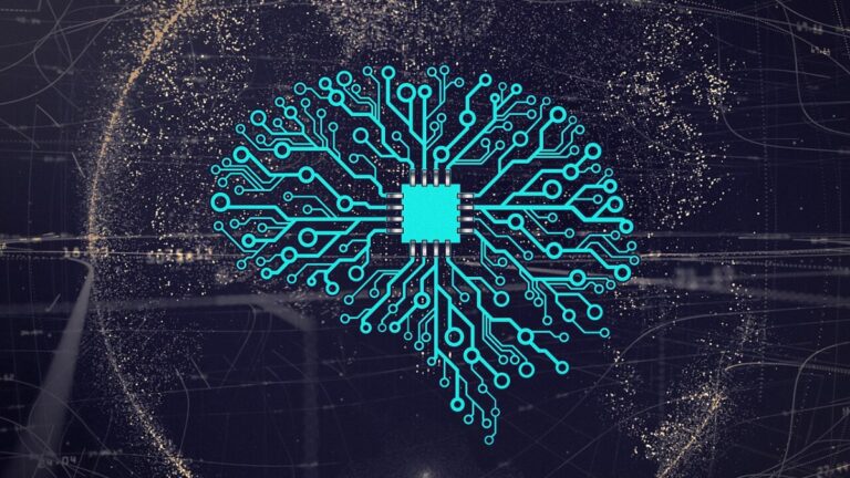 Ilustración de un cerebro formado por circuitos electrónicos con un chip en el centro